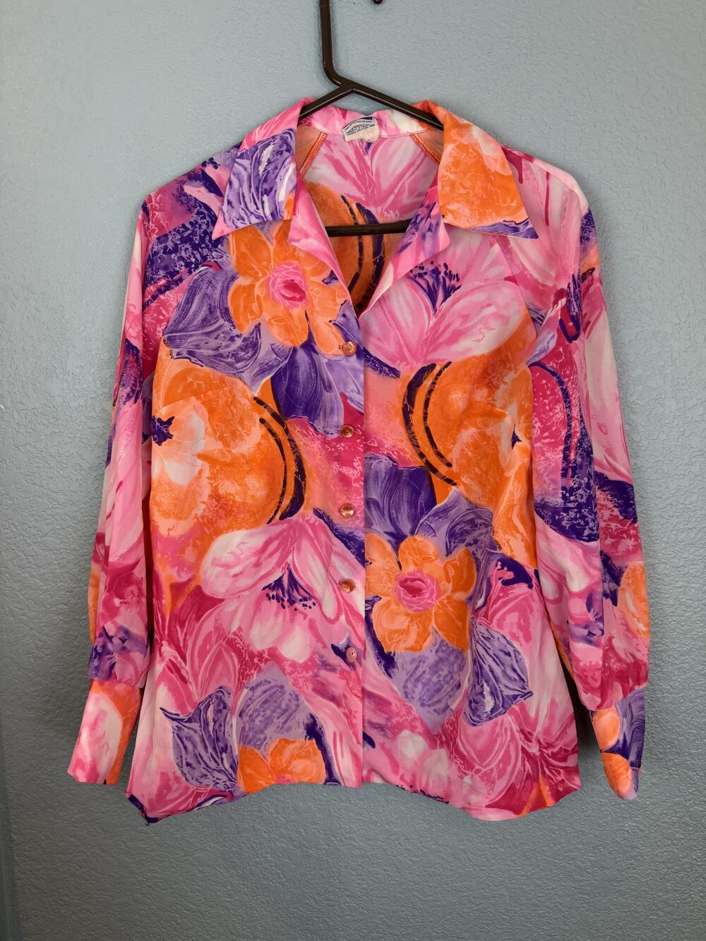 Vintage Pykettes Shirt Womens Large Floral Long Sleeve Blouse Button Up 90s